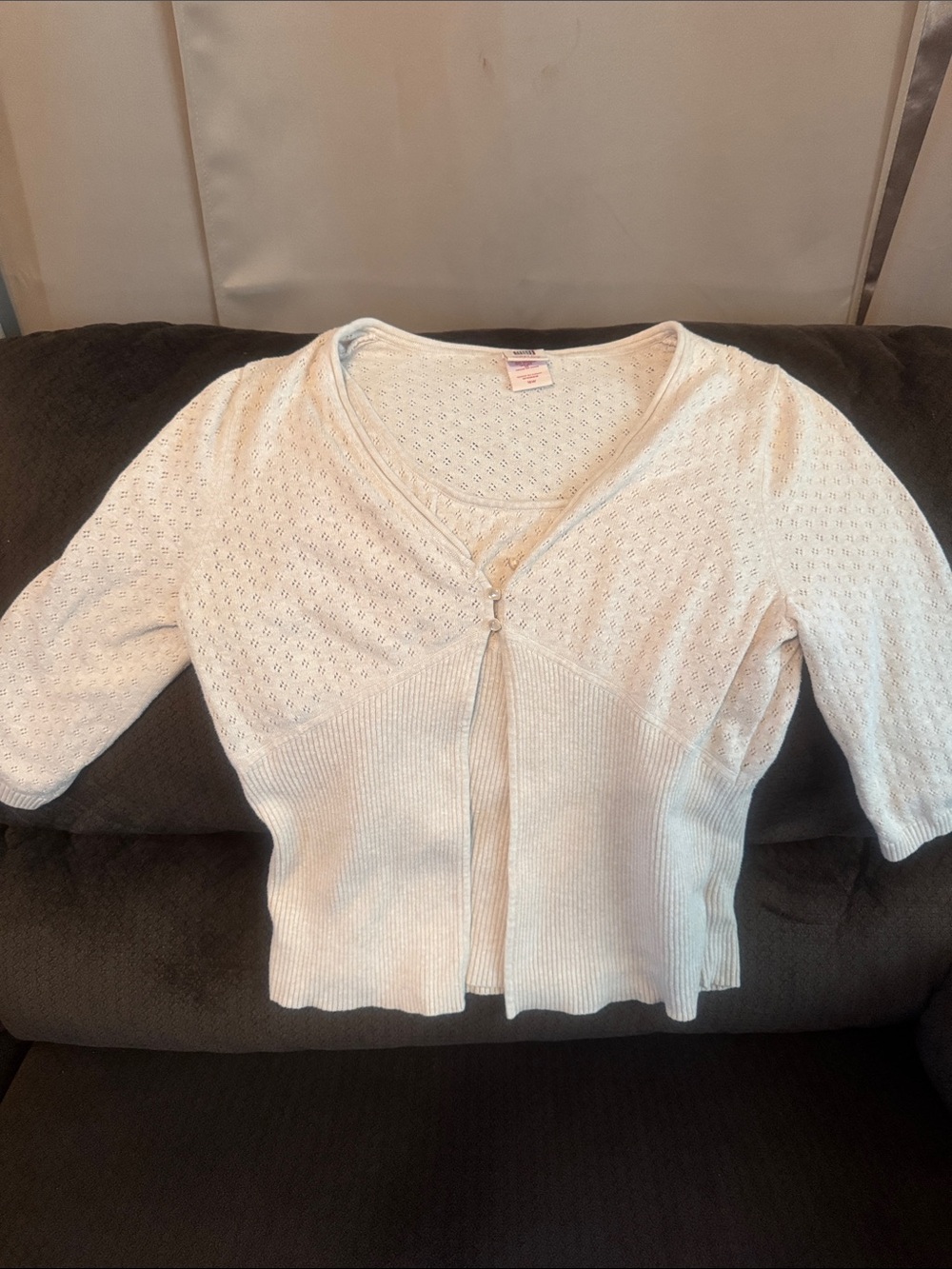 Faded Glory Cream Eyelet Short Sleeve Cardigan